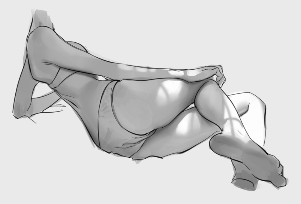a black and white sketch depicts a woman lying down in a relaxed pose. the drawing focuses on the curves and form of the body, using light and shadow to create dimension.