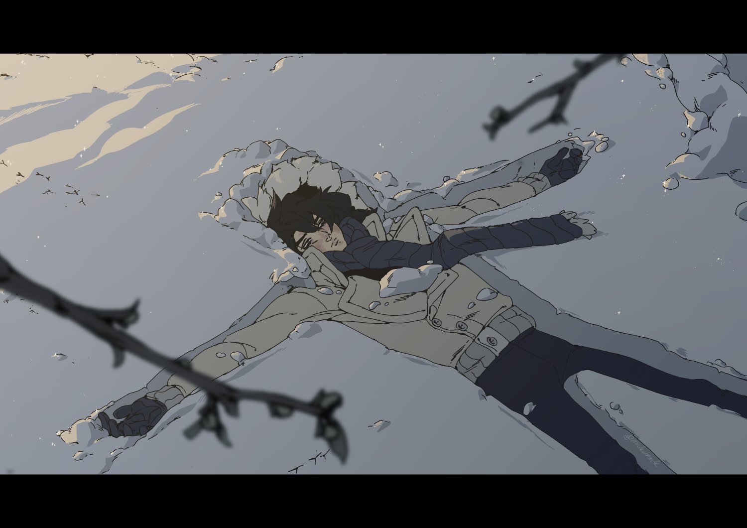 this image depicts a man lying on his back in the snow. his arms are spread out as if he's making a snow angel, but his facial expression suggests he's sad and weary.  the image is set in a winter wonderland, with snow covering the ground and trees. the scene feels desolate and lonely.