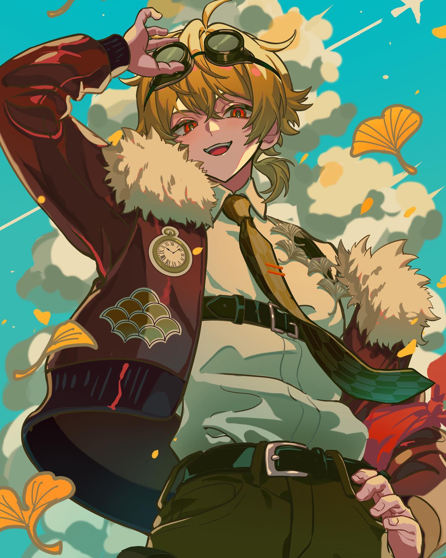 the image is a digital illustration of an anime character. the character is a male with blonde hair and red eyes. he is wearing a red jacket, a white shirt, a tie, and green pants. he is also wearing goggles. the character is smiling and looking at the camera. the background of the image is a sky with clouds and falling leaves.