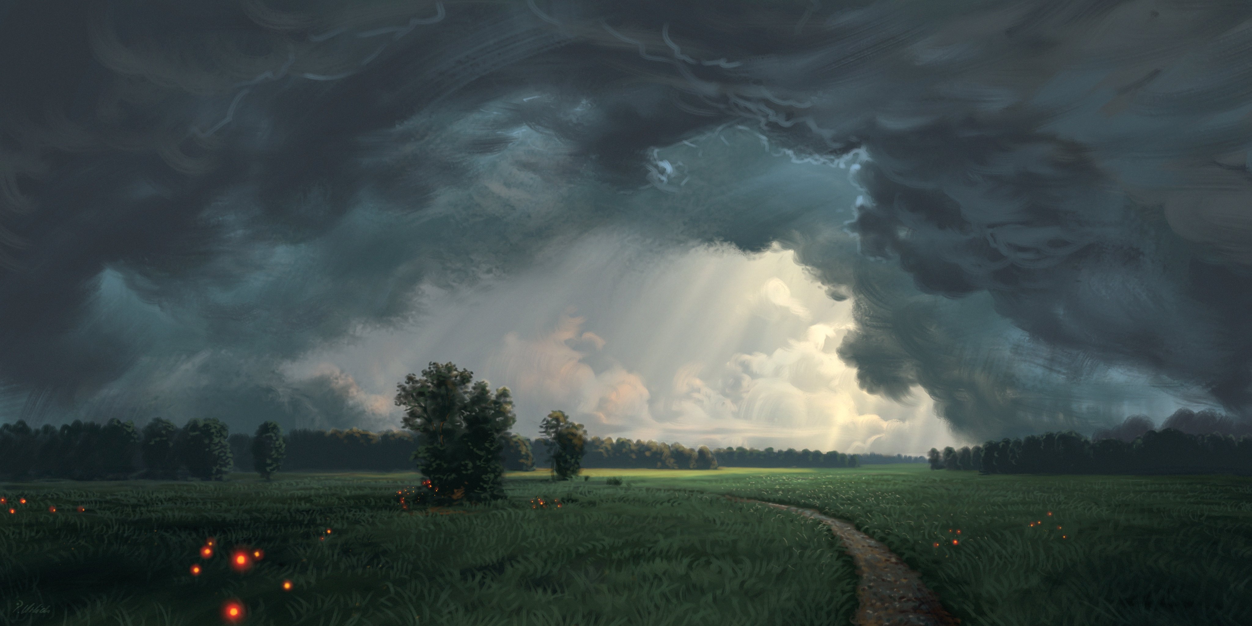 the image is a digital painting depicting a serene yet dramatic landscape. a dirt path winds through a lush green field, leading towards a forest line on the horizon. the foreground shows the tall grass of the field with small glowing lights scattered throughout, adding a touch of fantasy or magic.  the sky dominates the scene, filled with dark, heavy storm clouds that create a dramatic, ominous atmosphere. however, a break in the clouds allows beams of sunlight to filter through, illuminating the field and creating a contrast between the dark and light. the overall mood is one of peaceful contemplation, juxtaposed against the potential for an impending storm.  the style of the painting is painterly and evocative, with visible brushstrokes adding to the artistic feel.
