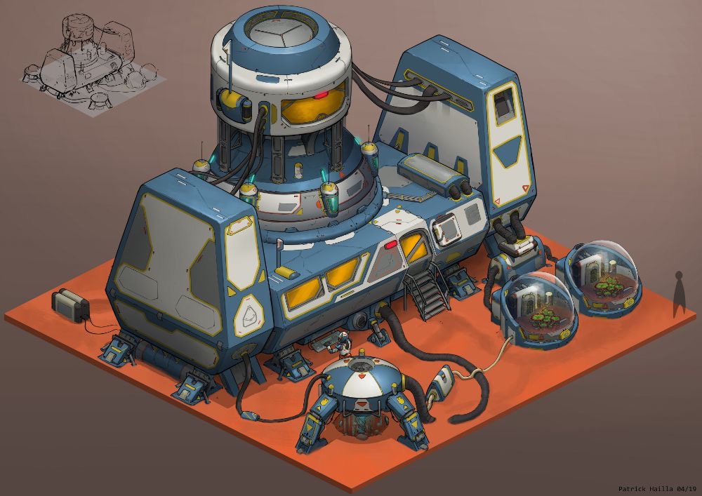 the image depicts a futuristic mars base, rendered in an isometric perspective. the base is a large, blue and white structure with various modules and antennas. two small robots are present, one seemingly engaged in maintenance.  two transparent domes, potentially greenhouses, are connected to the main structure. the overall color palette is dominated by warm, earthy tones with hints of blue and yellow, suggesting a soft, ambient lighting.