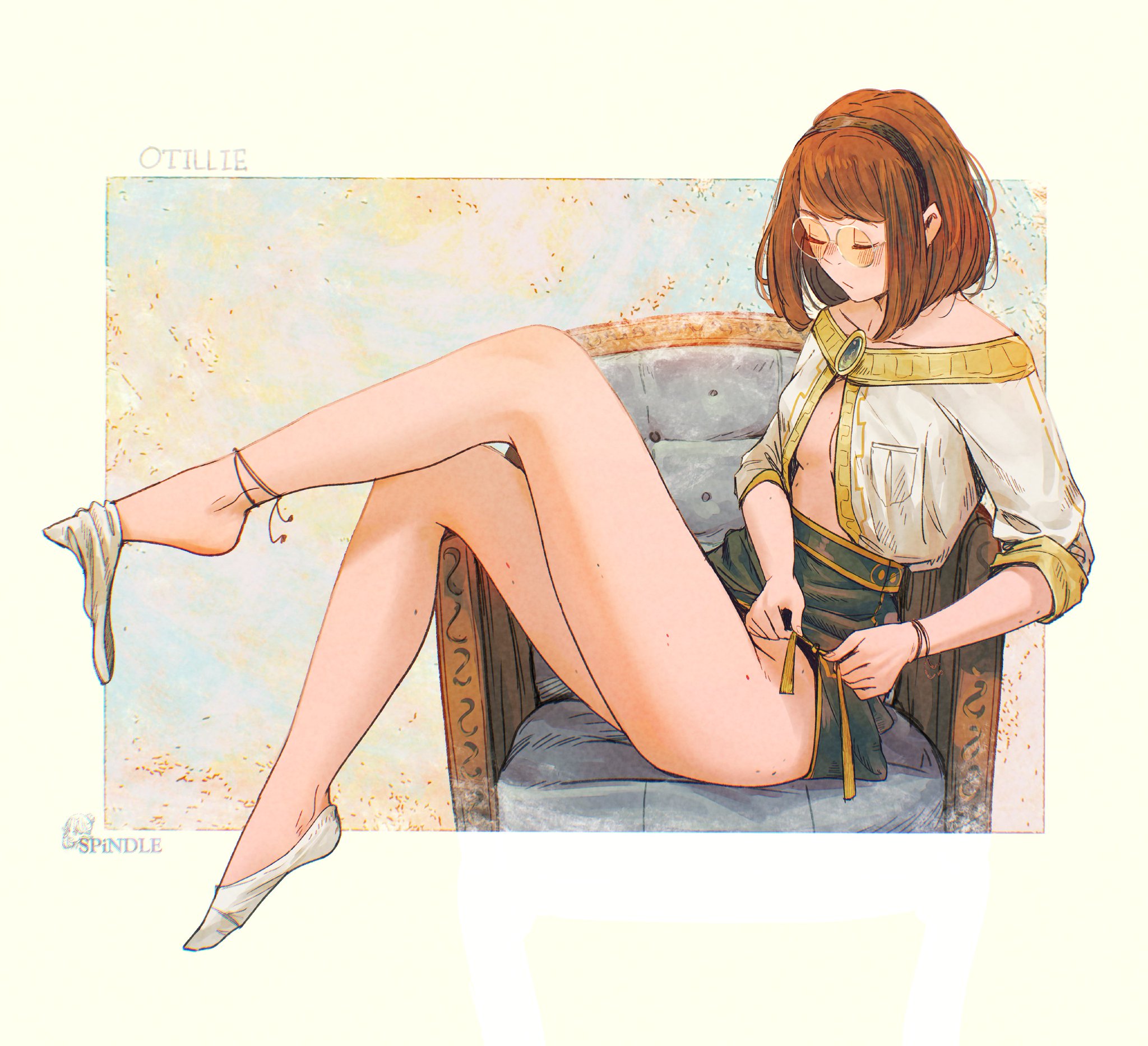 a young woman with long brown hair and glasses sits on a chair. her legs are stretched out and her feet are resting on the floor. she is wearing a white shirt with a yellow collar, a green skirt, and white socks. she looks down at the bottom of her skirt, adjusting it with one hand. the background is a soft yellow color.
