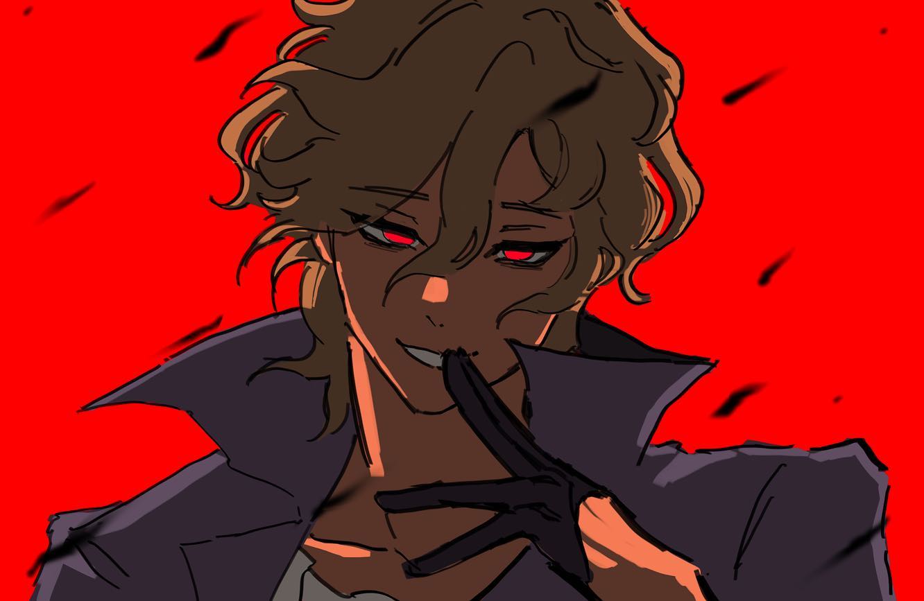this is a digital illustration of an anime male character with red eyes and blonde hair. he is wearing a dark jacket and has a serious expression on his face. there is a red background with black shadows. the character looks confident and cool.