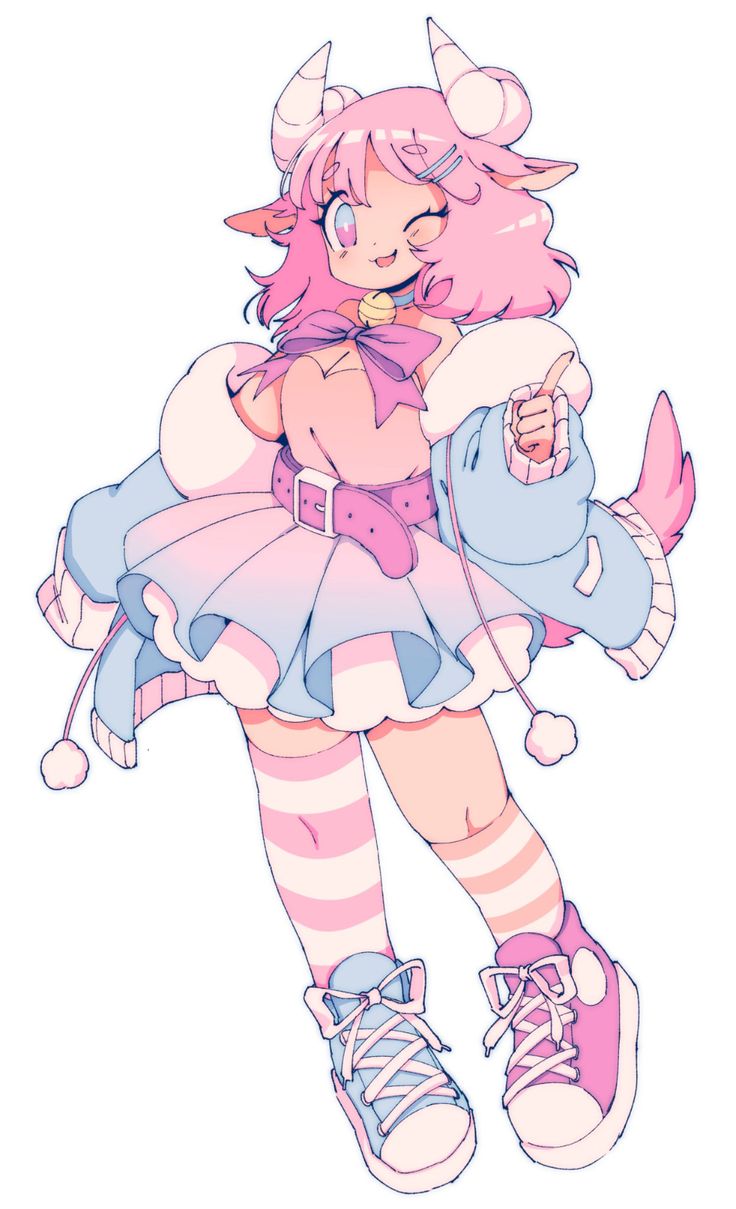 this is a digital illustration of a cute anime girl with pink hair, horns, and a tail. she is wearing a pink and blue dress with white frills, a pink bow, striped socks, and blue and pink sneakers. she is smiling and winking, and her overall appearance is very kawaii and adorable. the illustration is done in a cartoon style and has a magical and fantasy feel.