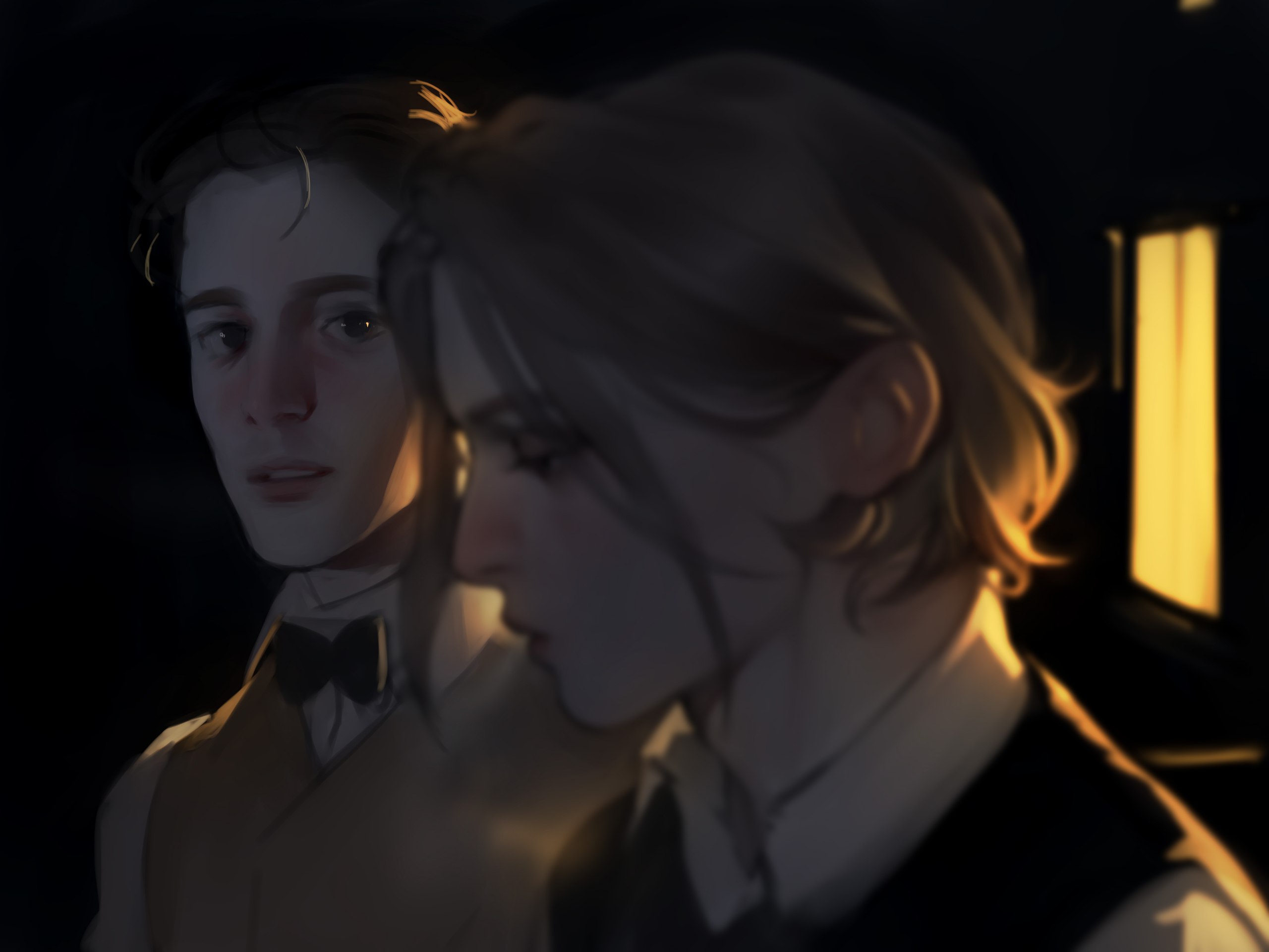 the image shows a digital illustration of two men standing close together in a dimly lit interior. the man on the left, with short brown hair and a white shirt, looks at the viewer with a melancholic expression. he is partially illuminated by warm light streaming in from the right. the other man, with longer, shaggier blonde hair, stands closer to the viewer, his face turned away in profile.  the scene evokes a sense of intimacy and quiet emotion. the color palette is muted and warm, dominated by browns and yellows.
