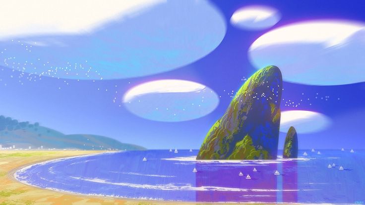 the image showcases a breathtaking seascape with a sandy beach in the foreground gently sloping towards the vibrant blue ocean. majestic rock formations rise prominently from the water, adorned with patches of green, suggesting vegetation. numerous small sailboats dot the water's surface, their white sails catching the sunlight. the sky above is a captivating shade of blue, populated by uniquely shaped clouds with an ethereal, almost pearlescent quality, hinting at a fantastical or otherworldly setting. the overall ambiance is one of serenity and tranquility.