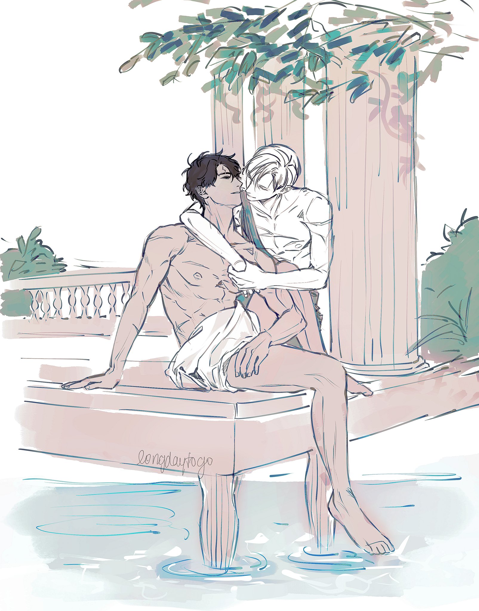 he image is a digital drawing or painting in a style reminiscent of soft watercolor or pastel. it depicts a romantic scene between two young men, possibly a fanart piece based on a specific work. the men are embracing intimately, one with his arms around the other, sharing a close moment.  they are situated on a low platform near a pool of water, under a tree, with classical greek or roman style columns in the background, enhancing the tranquil and romantic atmosphere of the artwork. the style is light and delicate, emphasizing the emotional connection between the subjects with subtle color and linework. the overall impression is one of calm intimacy and classical beauty.