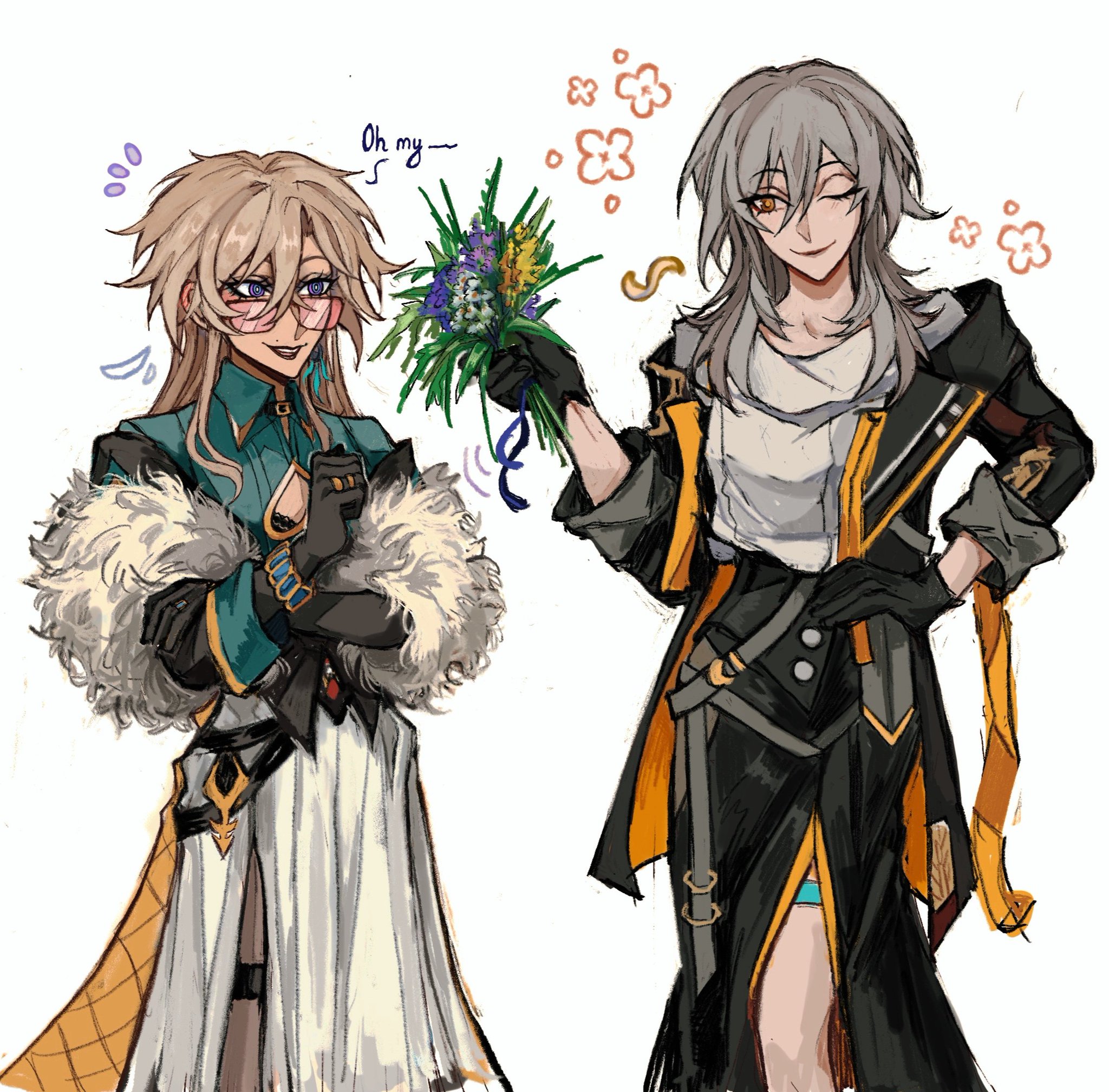 he image is a digital fanart featuring two animestyle female characters. the character on the left has long blonde hair, glasses, and is wearing a teal and white outfit with a fluffy white collar. she is receiving a bouquet of flowers from the character on the right. the character on the right has long grey hair and is wearing a darkcolored outfit with yellow accents.  she is smiling and presenting the flowers. the art style is detailed and expressive. the background is white, with simple flower shapes added to emphasize the romantic atmosphere. the overall style suggests a video game or anime influence.