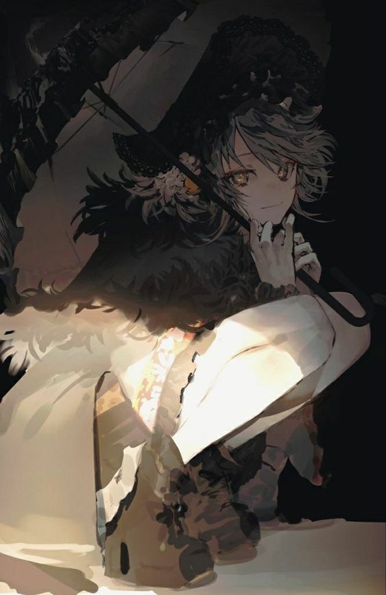 this illustration features a young woman, drawn in an anime style, with gray hair and striking yellow eyes. she's dressed in an elaborate black and white outfit, accented with feathers, lace, and jewelry.  she holds a closed umbrella decorated with similar embellishments. the scene is dramatically lit, with a spotlight highlighting the girl's face and legs, leaving the rest of the image in shadow. the overall mood is mysterious and ethereal, with a touch of gothic elegance.