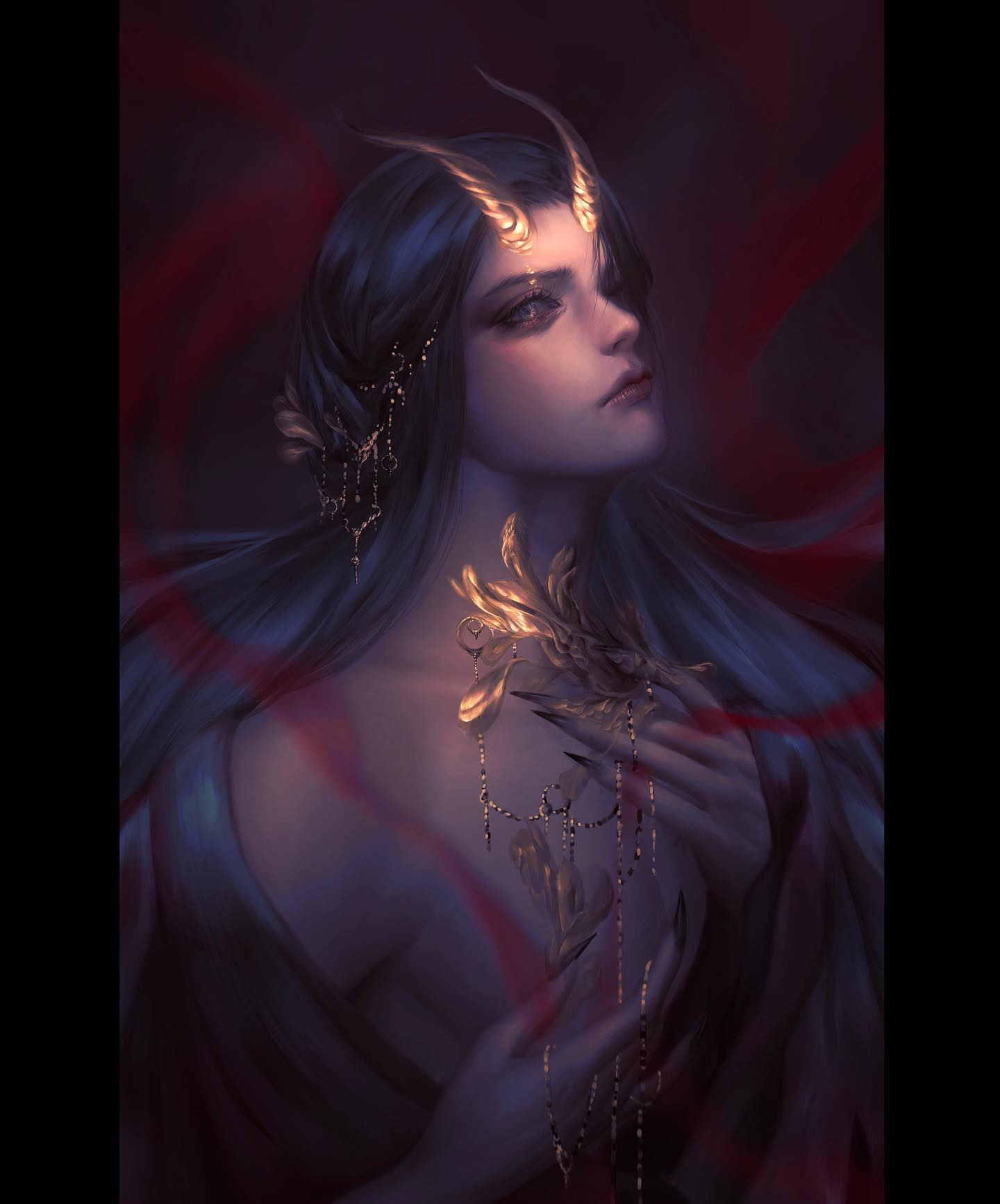 the portrait showcases a woman with elegant horns, hinting at a demonic or otherworldly nature.  she is adorned with intricate gold jewelry, including a statement piece on her chest.  the artwork utilizes a dark, moody color palette with dramatic lighting, creating an ethereal and captivating atmosphere.  her expression is stoic, adding to the air of mystery surrounding her.