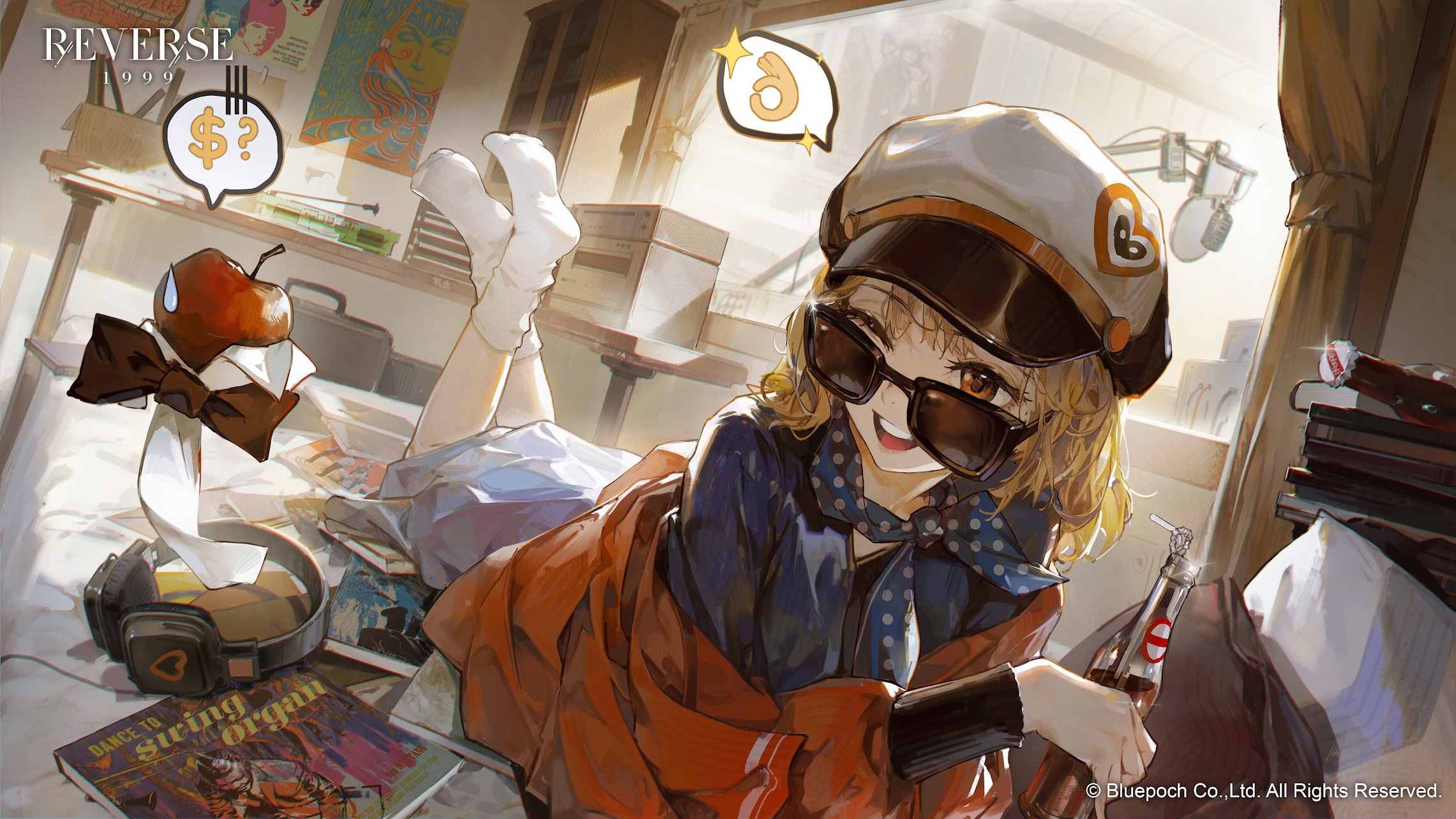 the image is a colorful anime illustration. the subject is a female anime character with blond hair. she is wearing a white hat with a brown brim, sunglasses, and a red and blue jacket over a white collared shirt with blue polka dots.  she's sitting on a couch, propped up against the back cushions with her legs stretched out in front of her.  her right hand is holding a bottle of soda,  she appears to be casual and relaxed.  there are magazines on the couch and headphones lying on the floor.  there is a book on the couch with the words "dance to swing organ" on it. the room is lit by the sun shining in from a large window. there are other objects in the background that are blurry. the background has a yellow and brown color scheme.  there is a speech bubble with the word "reverse" and a speech bubble with a question mark and dollar sign.  there are a few speech bubbles with a "b" and a heart in them.  there is text at the bottom of the image that says "bluepoch co., ltd. all rights reserved".