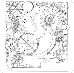 the image is a black and white architectural drawing of a garden or landscaping site plan. the plan includes various elements such as paths, circles, squares, trees, shrubs, plants, stones, and walls. it's a technical drawing showing the layout and design of the outdoor space.