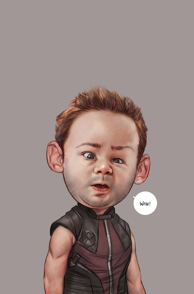 a digital caricature of jeremy renner as hawkeye with a baby face and large head wearing a superhero costume and speech bubble saying "wow!" on a grey background.
