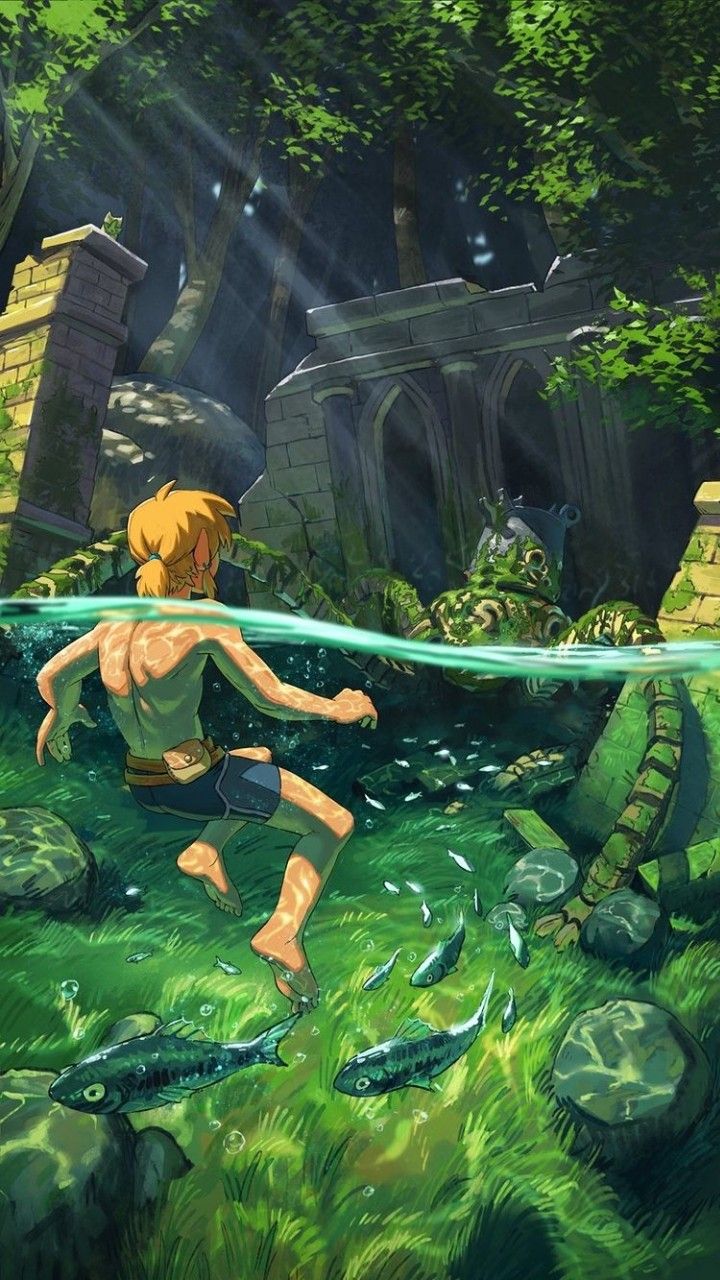 the illustration depicts a young boy, resembling link from the legend of zelda series, wading in a shallow, greentinged pond or stream nestled within a sundappled forest.  partially submerged in the water are ancient, mossy stone ruins. a large, possibly mechanical or organic, creature is also partially submerged near the ruins. fish swim around link's legs and in the shallow water, adding to the peaceful yet slightly mysterious atmosphere. sunlight streams down through the trees, illuminating the scene. the overall style is reminiscent of fantasy video game art, suggesting a magical or adventurous setting.