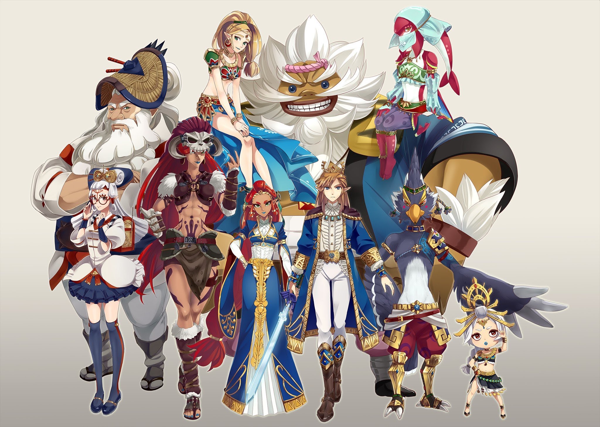 this digital illustration depicts a group of characters from the video game the legend of zelda: breath of the wild. the characters are positioned in front of a light gray background, with the largest character, ganon, positioned centrally. the other characters include link, zelda, impa, revali, mipha, daruk, and urbosa. these characters are all portrayed in their animestyled appearances from the game.  the image is rendered in a clean and detailed style, with vibrant colors and expressive characters.