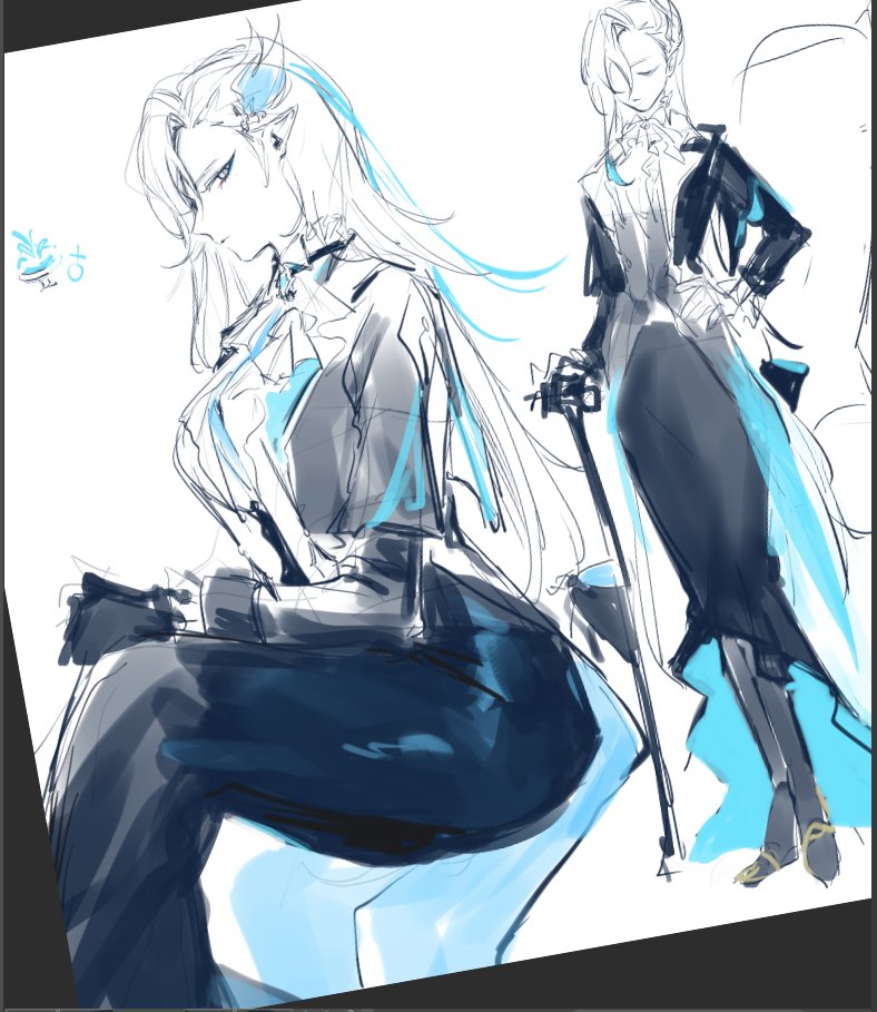 this is a sketch of two female anime characters. one is sitting with her legs crossed and wearing a blue and white dress. the other is standing with a cane, also wearing a blue and white coat. both characters have long white hair, with blue highlights. they are both looking down at their hands, and appear to be very elegant and classy. the background is white, with a few light blue strokes. the image is a rough sketch and is not finished.