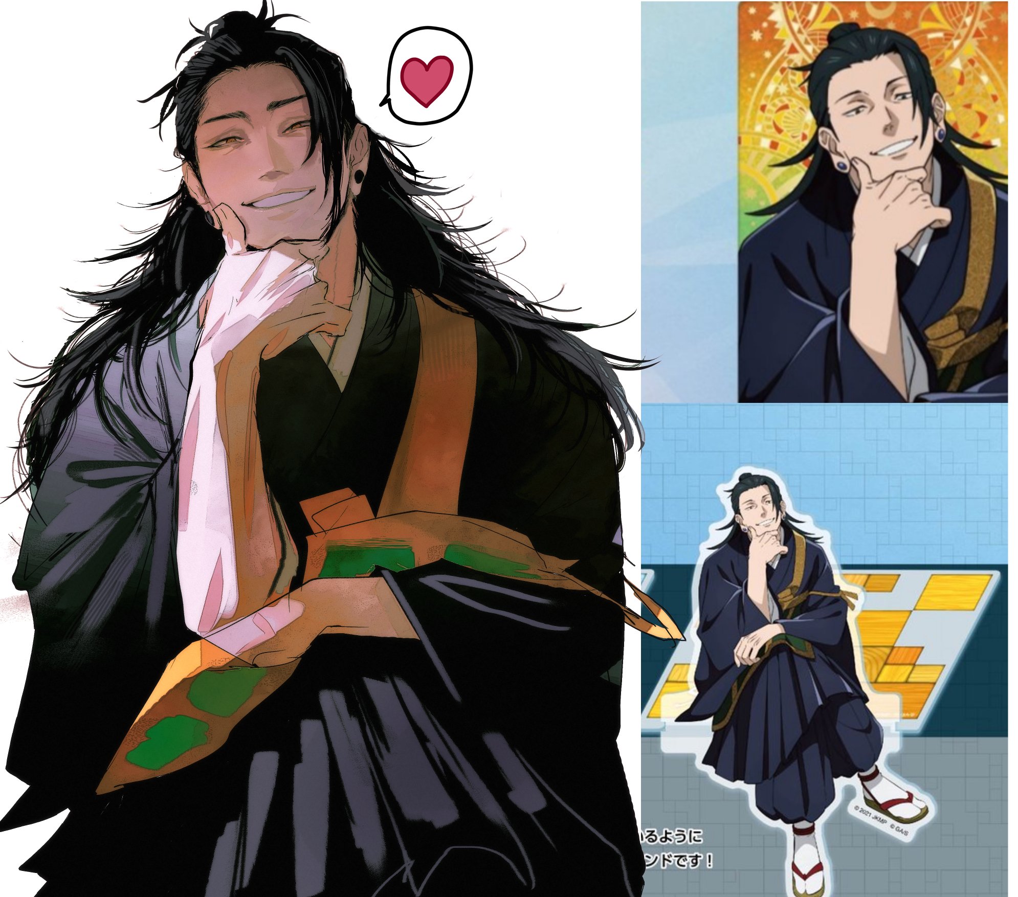 this image features a drawing of an anime character. the character has long black hair, a black and yellow outfit, and a heart above their head. he is smiling and looking to the left. the background is white. there are two smaller images of the same character in the background, one in a colorful background and one in a blue and yellow background.