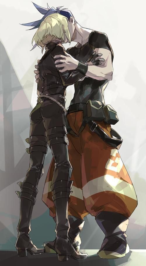 he image is a digital fanart depicting two anime characters in an embrace. the characters appear to be in a cyberpunk or futuristic setting, judging by their clothing and hairstyles. the taller character has blue hair and is wearing loose, orange pants and a dark shirt. the shorter character has blonde hair and wears dark, formfitting clothes and tall boots. the mood is emotionally charged and suggests affection or comfort between the characters.  the style is soft and painterly, with a slightly blurred background that draws focus to the central figures.