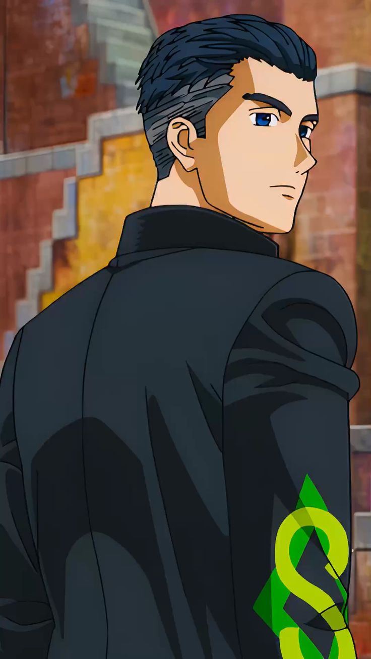 a young, animated man with short dark hair and blue eyes stands with his back to the viewer. he wears a stylish black jacket with a unique green and white design on the sleeve. he glances over his shoulder, his expression serious and confident. the background suggests an outdoor setting with a brick building.