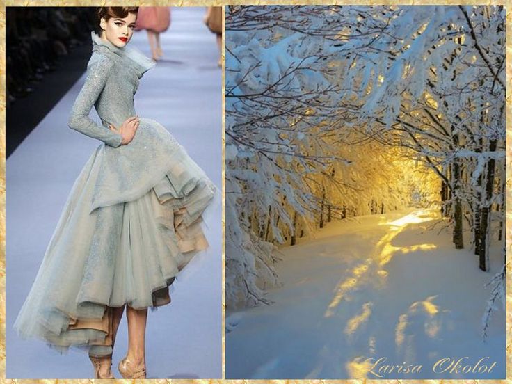the image is a split image. the left side shows a model walking down a runway wearing a beautiful pale blue tulle dress with a high neckline and long sleeves. the dress is very elegant and looks like a dream. on the right side of the image is a photo of a snowcovered forest path with trees covered in fresh snow and the sun shining through the trees, casting beautiful golden light on the snow. the image combines the beauty of fashion and nature, creating a magical atmosphere.