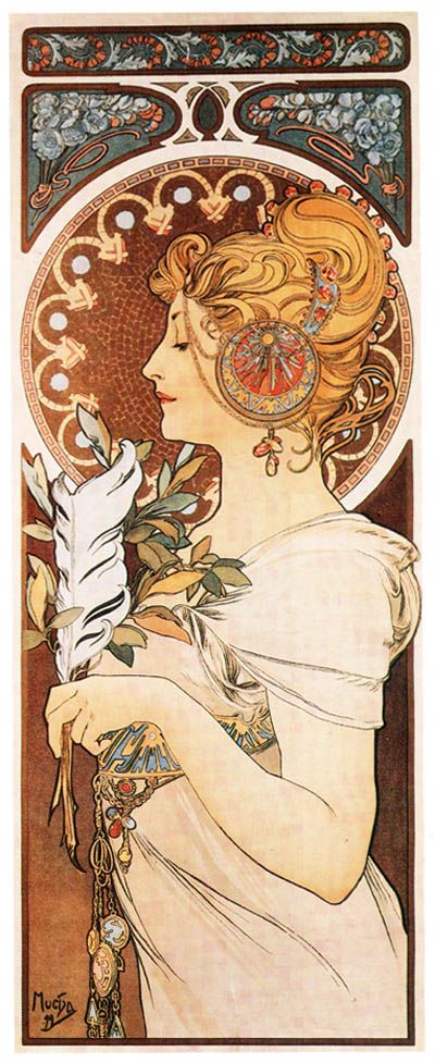 a vertical art nouveau illustration by alphonse mucha. the illustration features a woman in profile, facing left. she has blonde hair styled in an updo, adorned with an elaborate hair ornament. she is wearing a white dress with flowing lines and a simple neckline. she is holding a white feather and some leaves. she is also wearing an earring and has a long necklace with pendants. the background is decorative, featuring a circle with an ornate pattern, and a floral pattern at the top. the overall style is characteristic of art nouveau, with flowing lines and decorative elements.