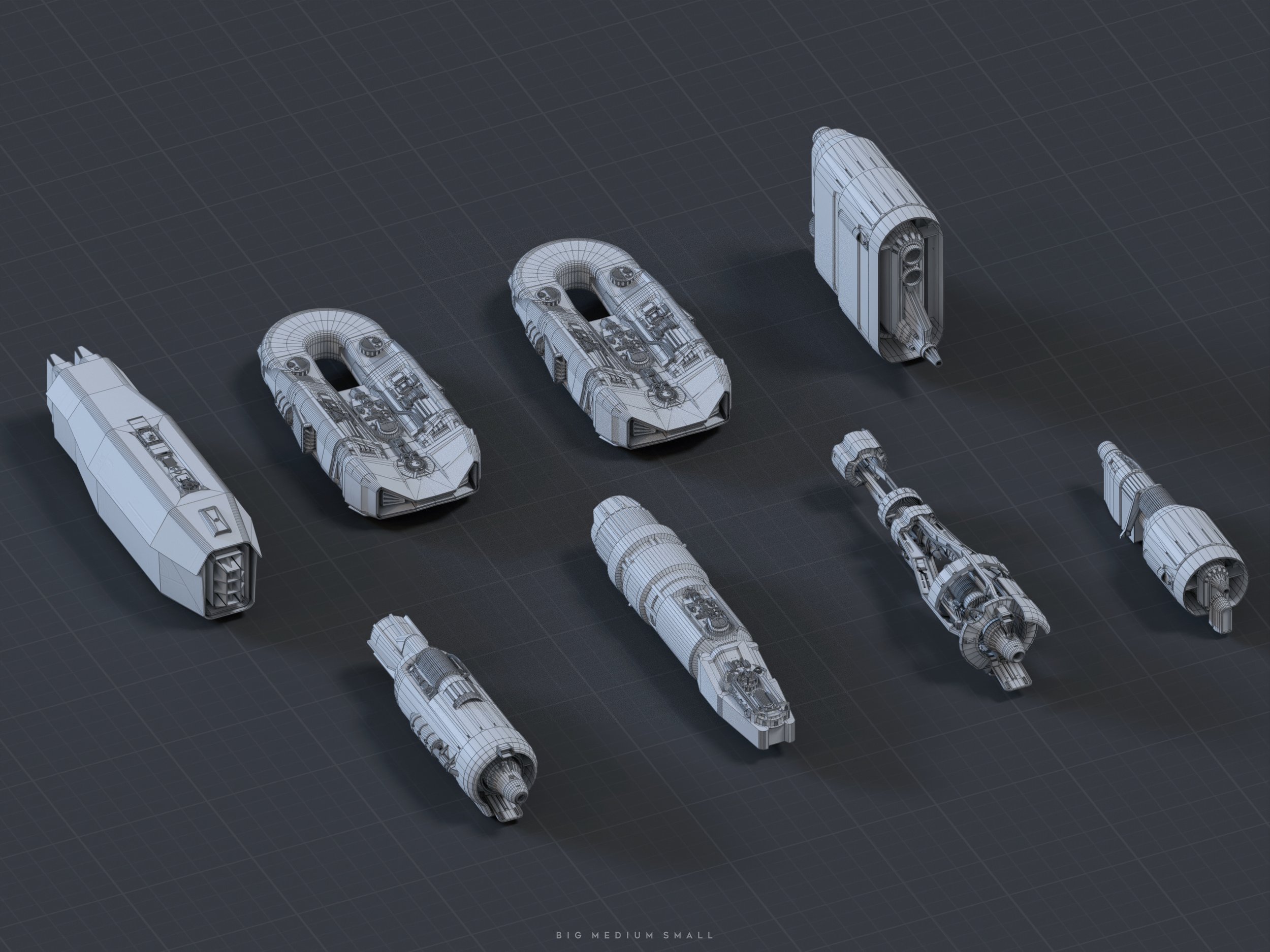 he image shows a 3d wireframe render of various spaceship components, labeled "big, medium, small".  eight different models are displayed from various angles against a dark gray grid background.  the components range in size and shape, and are intricately detailed, indicating a focus on mechanical design and functionality.  the wireframe style reveals the underlying structure of each model.
