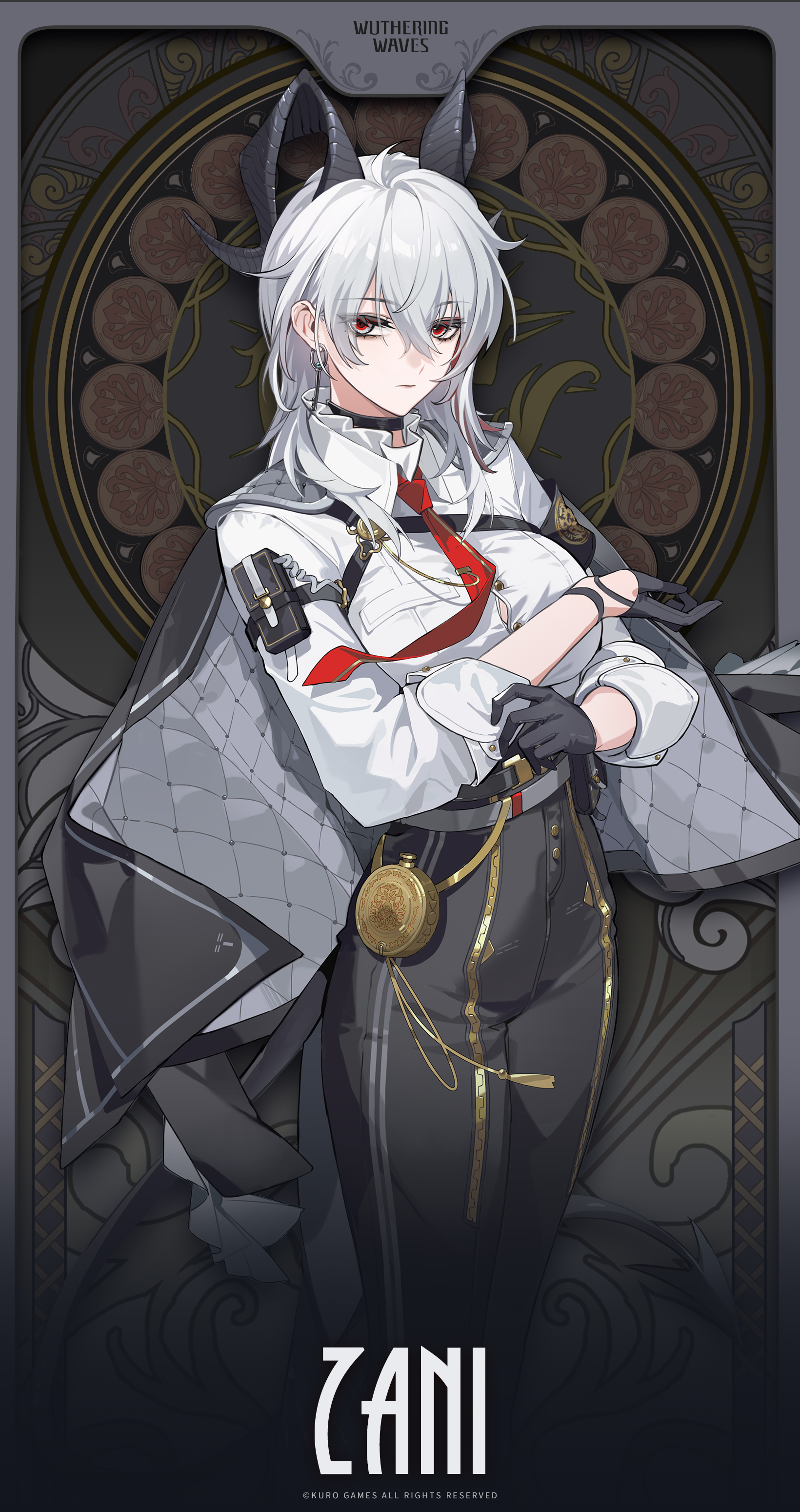 the image shows a stylized portrait of zani, a character from the game withering waves.  she has long white hair, red eyes, and small horns. she's dressed in elegant dark clothing with gold accents, including a white shirt, dark pants, a red tie, gloves, and a pocket watch. the background is a dark ornate frame. the overall style is dark fantasy, with an emphasis on detail and atmosphere.
