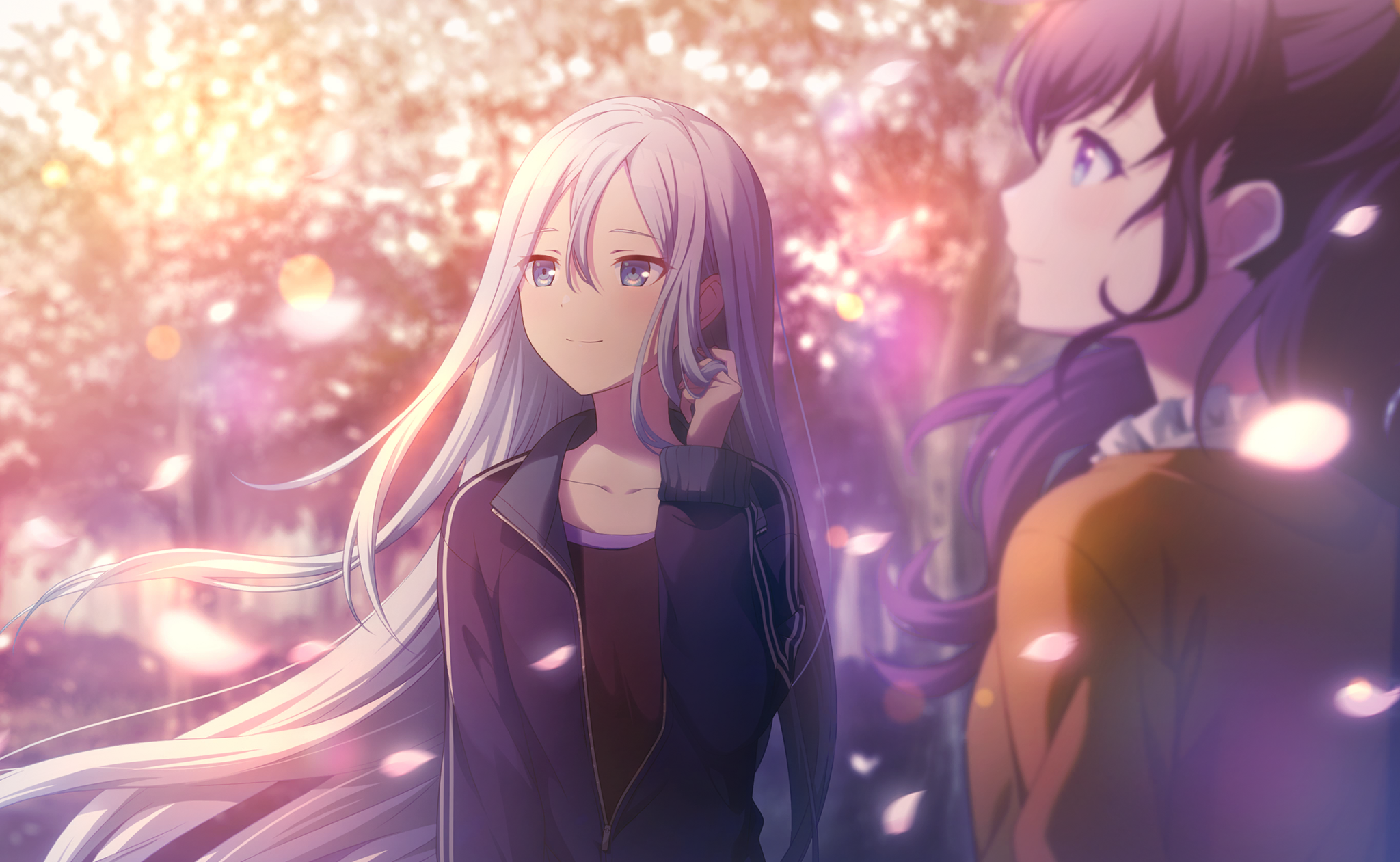 an anime girl with long white hair and purple eyes wearing a jacket stands in the foreground, smiling. behind her is another anime girl in profile, with dark hair in a ponytail. the background is blurred with trees, blossoms, and bokeh effects.