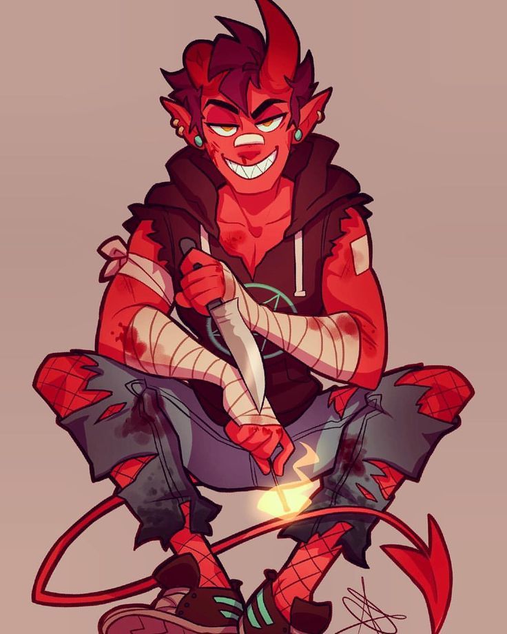 the image is a digital illustration of a stylized cartoonish red devil character.  he appears to be a young male, possibly a teenager or young adult, with red skin, horns, and a mischievous grin. he's wearing ripped jeans, a dark hoodie, and adidas sneakers. he has bandages on his arms, which are stained with blood, and he holds a knife. his attire and the presence of blood suggest a rebellious or potentially violent nature.  his devilish tail is visible, and there's a small pentagramlike symbol on his shirt. the overall style is a blend of anime, manga and punk aesthetics with a vibrant color palette. the image is highly detailed and expressive.