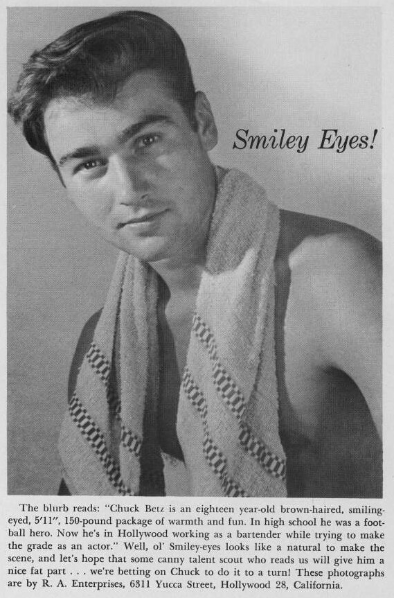 a black and white portrait photograph of a young man, chuck betz, is the central element of this advertisement.  he has short, dark hair, a towel draped around his shoulders, and a pleasant expression with a hint of a smile. the ad describes him as an 18yearold aspiring actor working as a bartender in hollywood. it highlights his athletic past as a football hero and expresses optimism about his potential success in the entertainment industry. the photograph is credited to r. a. enterprises, a hollywoodbased photography studio.