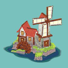 a pixel art depiction of a windmill building on a small island surrounded by water. the building is made of stone and wood, with a red roof and a rotating windmill on top. the scene is brightly lit and viewed from an aerial perspective.
