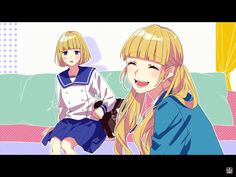 the illustration features two animestyle girls in a brightly lit living room setting. one girl, with her blonde hair styled in a ponytail and wearing a teal jacket, is seated on a pink couch and smiling brightly.  the second girl, with short blonde hair and wearing a blue and white sailor uniform, sits beside her with a gentle smile. the overall atmosphere is cheerful and friendly, suggesting a close bond between the two characters.