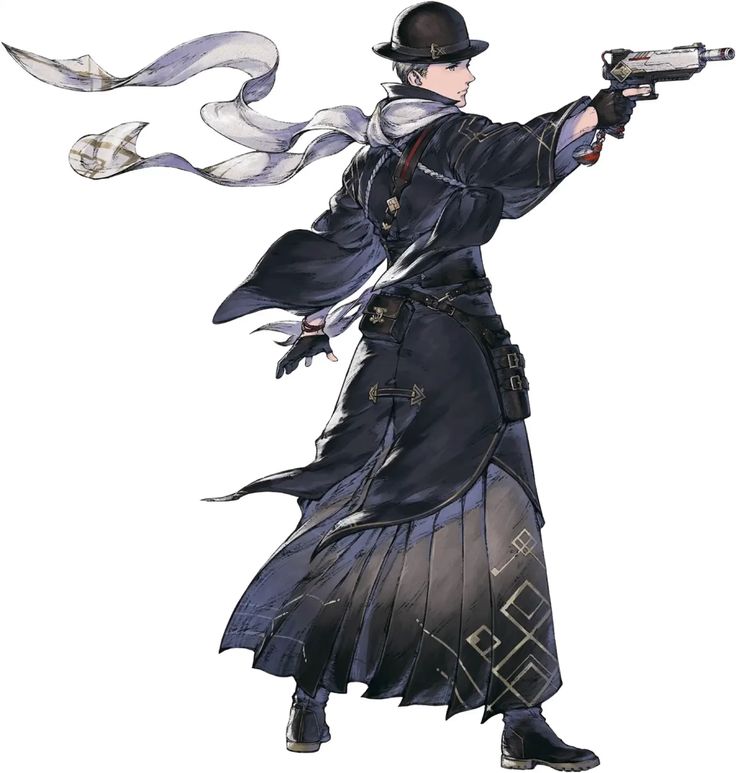 this is a digital painting of a male character from final fantasy xiv, possibly a gunslinger job. he is wearing a darkcolored long coat with a hat and scarf.  the character is depicted in a dynamic pose, holding a handgun. the art style is detailed and expressive.