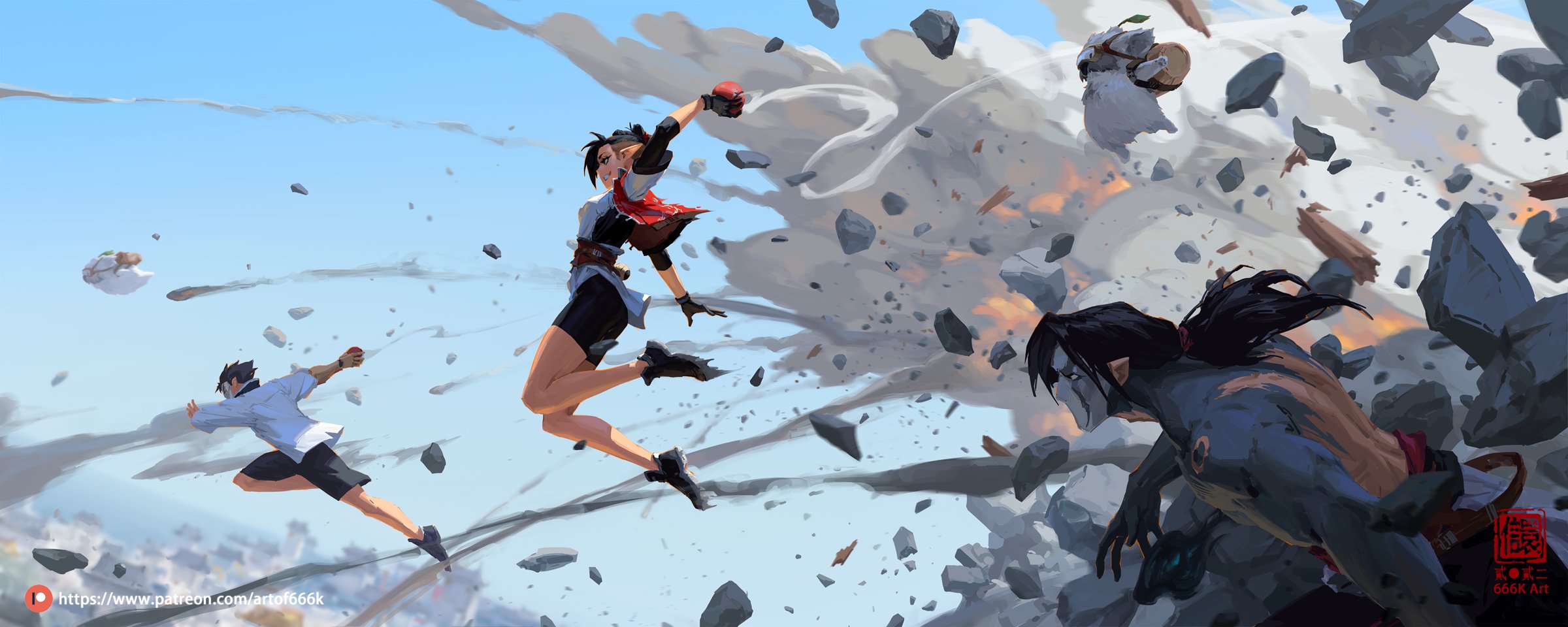this dynamic digital painting depicts an actionpacked scene. three characters are engaged in combat amidst a massive explosion that is sending rocks and debris flying through the air. one female character leaps through the air, seemingly throwing a projectile.  a male character is running, while another, seemingly more monstrous character, is partially visible amidst the chaos. the style is reminiscent of anime or fantasy illustration, with vibrant colors and highly detailed characters and movement. the artwork is signed with "666k art". the overall feel is one of intense energy and action.