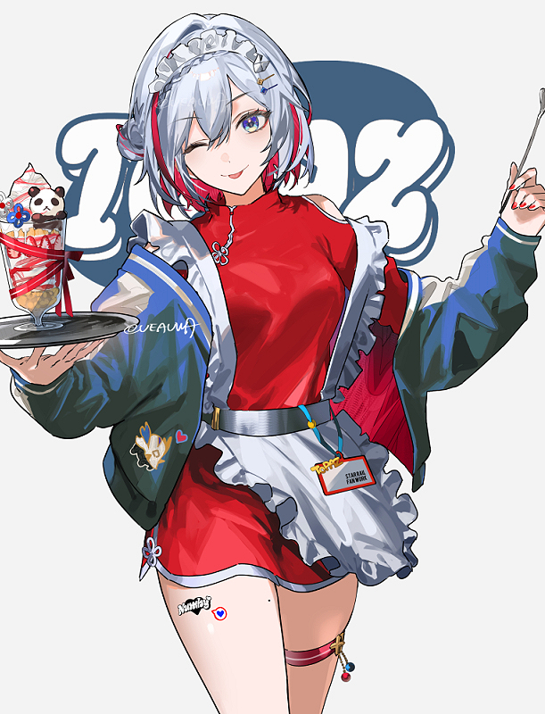 the image shows a cute anime girl dressed as a maid, wearing a red dress with a white apron, a blue jacket, and white stockings with a red garter. she is smiling cheerfully, winking with her right eye and holding a tray with a delicious ice cream sundae. she has silver hair with red streaks and blue eyes. the image is done in a bright and colorful style, with the background being a simple white. the overall vibe is whimsical and cheerful.