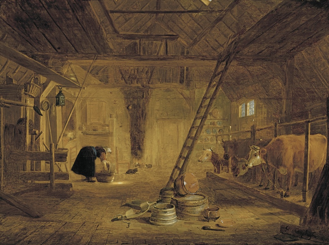 a painting depicting the interior of a rustic barn. a woman in a dark dress and white cap is washing something in a bucket near the left side. cows are standing in a stall to the right, near a window. a tall ladder leans against the wall, and various buckets and utensils are scattered on the floor. the barn is constructed of wood, and the lighting is subdued, highlighting the historical and rural setting.