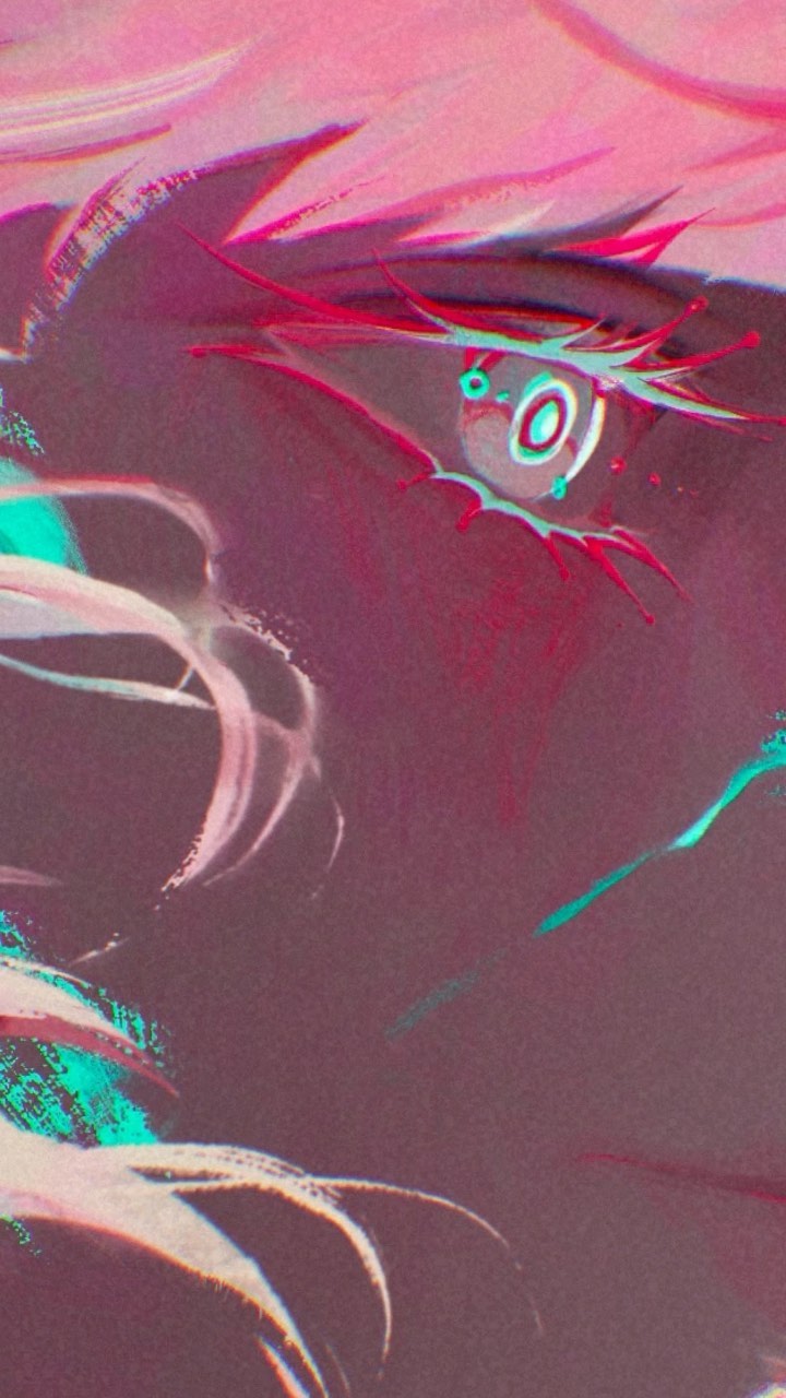 the image is a closeup, stylized digital painting or illustration reminiscent of anime or manga art.  it focuses on a single eye of a character, with vibrant, almost abstract strokes of pink, red, and purple dominating the color palette.  there are teal accents, particularly around the edges of the eye and in the hair.  the style is expressive and slightly distorted, possibly incorporating a glitch effect, lending a somewhat surreal and intense atmosphere to the piece.  the hair flows around the eye, adding to the overall dynamic and somewhat abstract composition.  the overall impression is one of emotional intensity and visual impact.