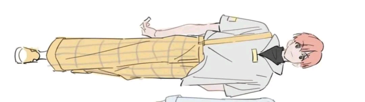the image shows a drawing of a male anime character laying on his back. he has pink hair and is wearing a white jacket and yellow plaid pants. his head, hands, arms and feet are visible.