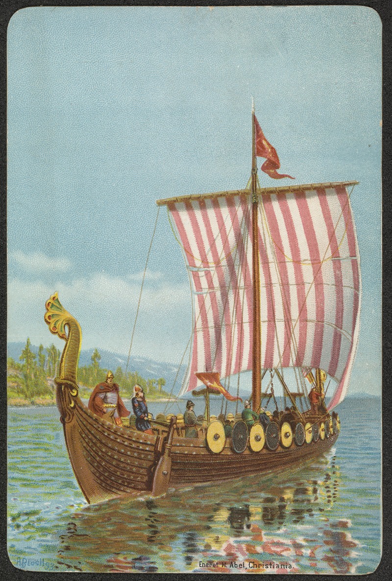 an illustration of a viking longship sailing on water. the ship has a dragon head figurehead and a large sail with red and white stripes. warriors are onboard with shields lining the sides of the ship. a flag is flying from the top of the mast. the water appears to be a fjord with land in the background.