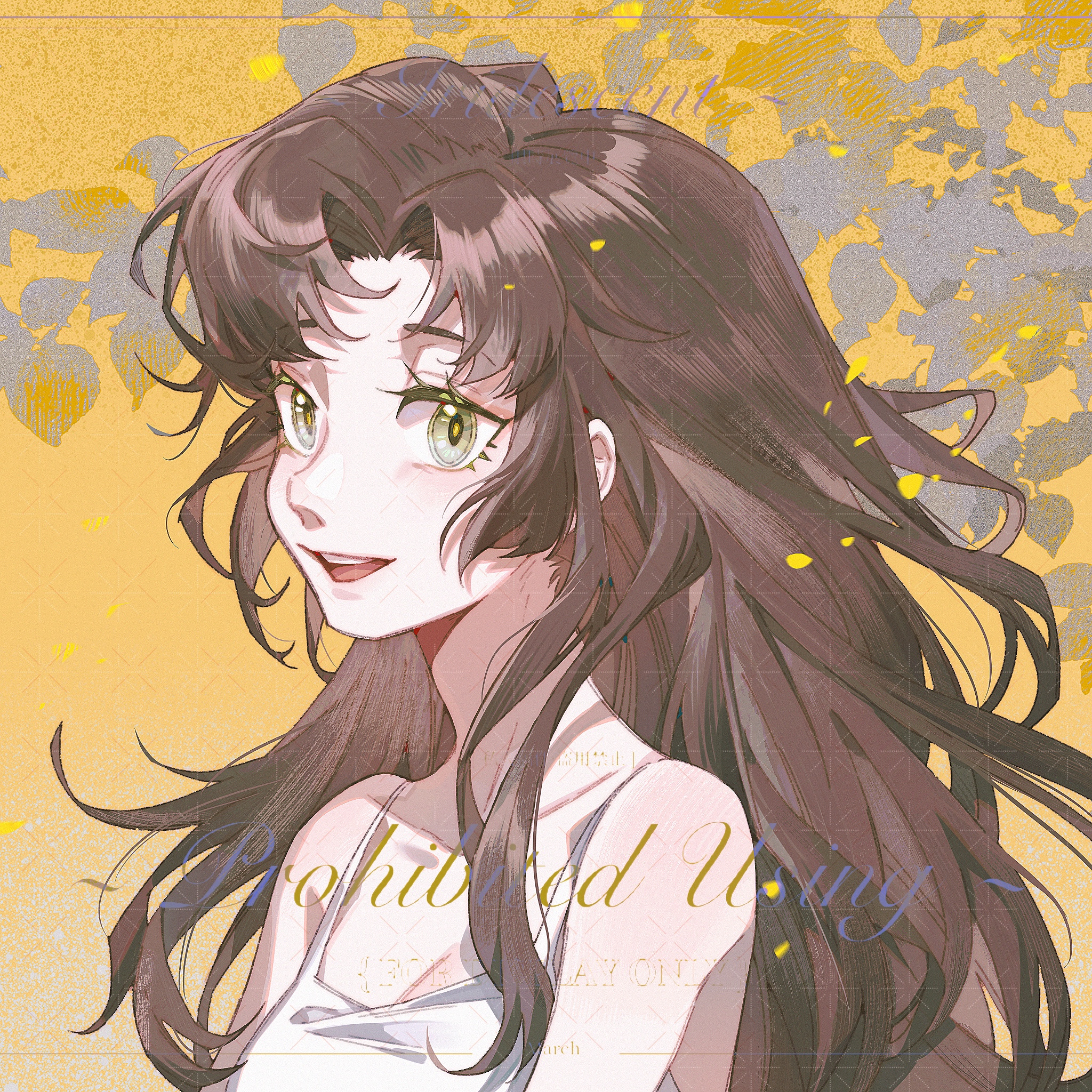 this is a digital art illustration depicting an anime girl. she has long, brown hair, green eyes, and a white tank top. she is smiling and looking off to the side. she is drawn in a soft, gentle style and has a dreamlike quality to her. the background is a soft yellow with a few light gray flowers. the artwork has an innocent, carefree feel to it.