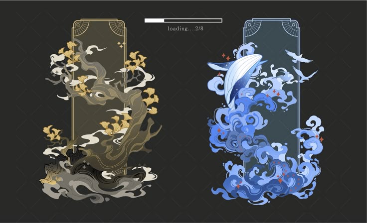 the image shows a loading screen with a stylized aesthetic. on the left is a golden art deco frame containing a ginkgo tree with golden leaves and swirling grey and gold clouds at its base. on the right, another art deco frame in blue contains a whale leaping out of blue ocean waves, with seagulls flying above. a loading bar at the top center reads "loading...2/8". the background has a dark pattern.