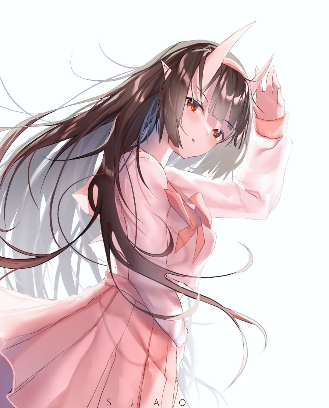 the image is a digital painting or illustration of an animestyle girl. she possesses small, curved horns characteristic of an oni (demon) on her head, yet she has a delicate and cute appearance.  her long, dark brown hair is flowing in the wind, partially obscuring one side of her face. she's wearing a pink school uniform with a pleated skirt and a bow tie. her eyes are a striking red. the overall style is soft and ethereal, with a light background emphasizing the character's delicate features and flowing hair. the artist's signature, "sjao," is subtly placed at the bottom.