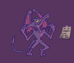 a stylized cartoon illustration of the video game villain ridley from the metroid series, drawn in purple hues against a darker purple background. the character is posed in a menacing stance, with its wings spread, mouth open, and claws outstretched. a small, offwhite note beside its head reads, "ur in combiss cawdi don't only shoot brain."