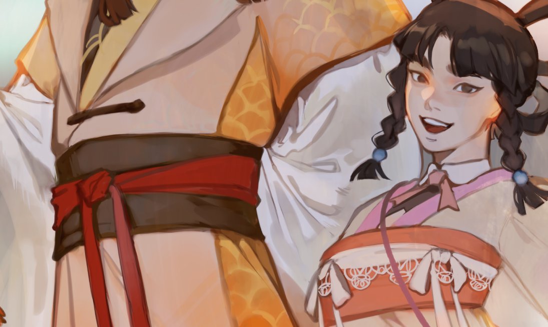 a digital art image shows a young girl with pigtails in an anime style, smiling. she is dressed in a chinesestyle outfit consisting of white, yellow, and red colors. a red sash is tied around her waist.