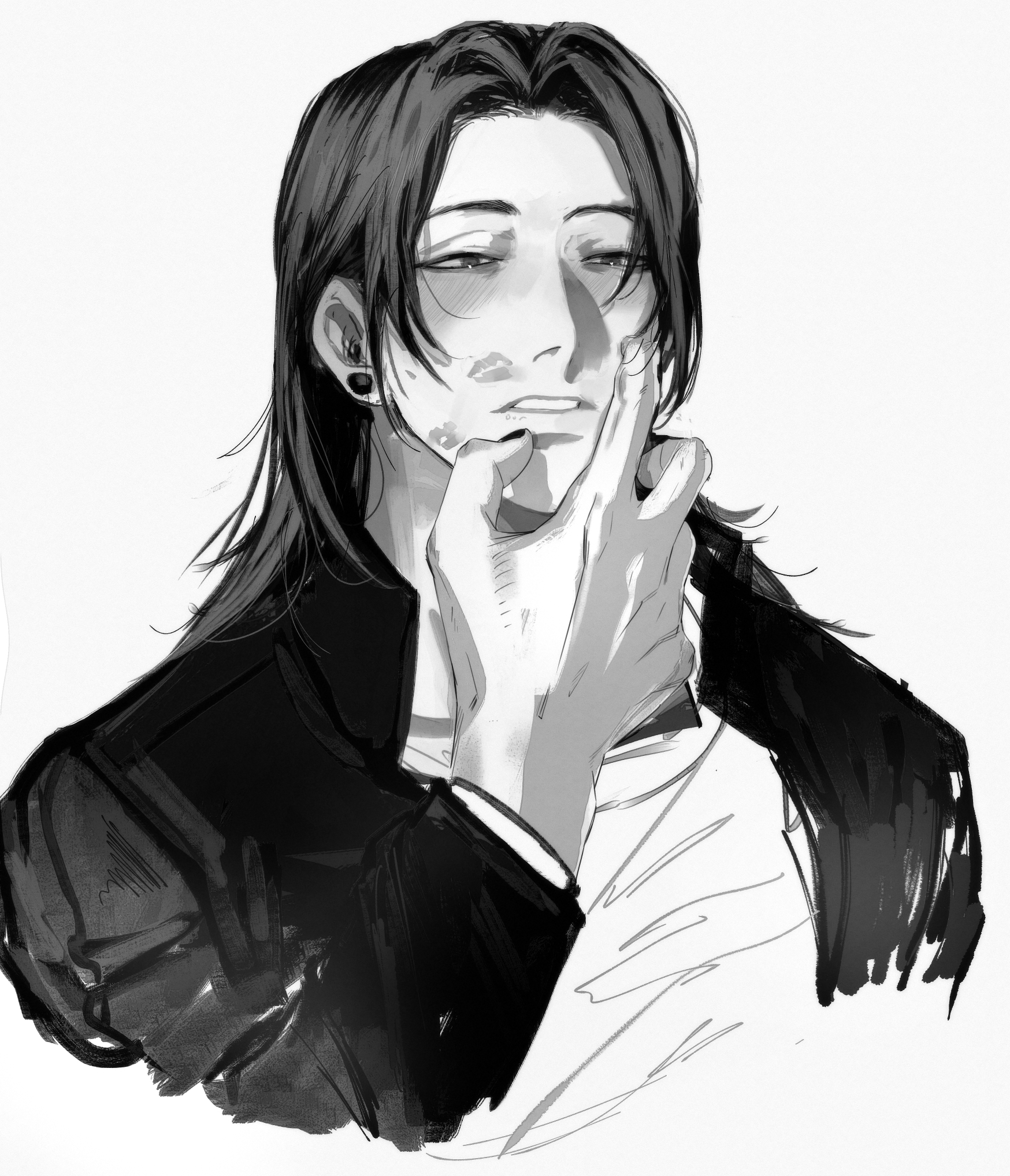 a black and white anime drawing of a young man. he is wearing a jacket and has long dark hair. his hands are near his face and he is making a serious expression.