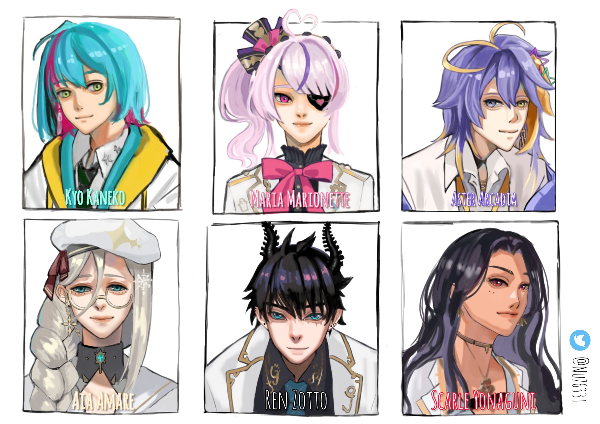 this is a digital illustration featuring six anime characters. the characters are all young, with varying hair colors and styles, and are each depicted in a headshot style. they each have a unique design and personality, which is conveyed through their clothing and accessories. the characters are all facing the viewer and have a variety of facial expressions, which conveys their personalities. the image is vibrant and colorful, and the characters are welldrawn, making it a visually appealing piece of artwork. the image has a whimsical and charming feel to it.