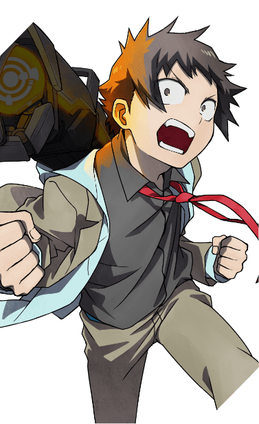 this is a digital illustration of a boy, dressed in a brown jacket and a red tie. he is running away from something with a look of fear on his face, his mouth open and yelling. he is carrying a weapon in his left hand. he has spiky brown hair.