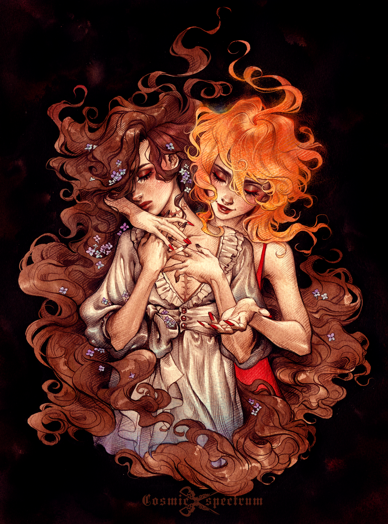 the image is a digital painting in a style reminiscent of watercolor, depicting two women intimately embracing.  one woman has long, flowing brown hair and wears a lightcolored, almost antiquelooking dress. the other has bright orange hair and a red dress partially visible.  both have pale skin and appear somewhat ethereal.  their hair blends and flows around them, almost like smoke or clouds, and small purple flowers (possibly forgetmenots) are scattered among their hair and clothes.  the background is dark and moody, enhancing the dramatic, romantic, and perhaps slightly gothic atmosphere. the overall feeling is one of close connection, sisterhood, or deep affection between the two women. the artist's signature, "cosmic speleum," is visible in the lower right corner.