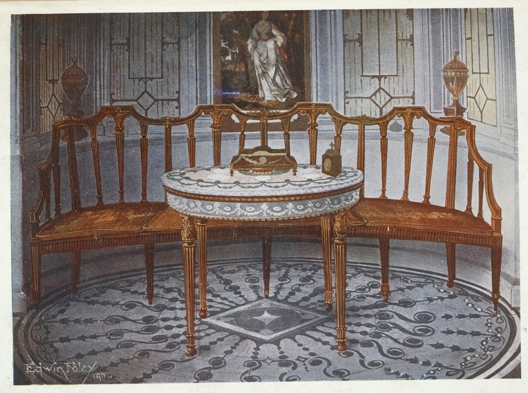a painting depicts a wellfurnished room. in the center, a round table with a white patterned cloth sits on a patterned floor. behind the table, a sofa with an ornate back curves around the table. the background includes a painting hanging on the wall and architectural details. the overall impression is of an elegant, antique interior.
