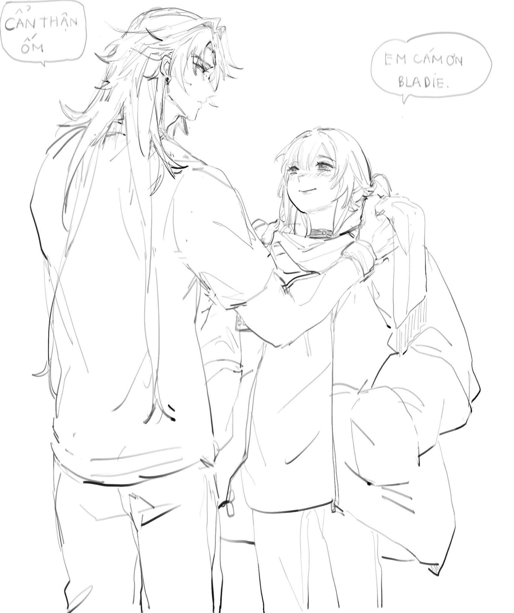 a black and white mangastyle drawing of a young couple hugging. the boy is taller than the girl and is wearing a loosefitting jacket, while the girl is wearing a jacket with a high collar. they are both smiling and looking at each other. the background is white. the boy is saying "be careful" in the speech bubble above him. the girl is saying "thank you, bladie" in the speech bubble above her.